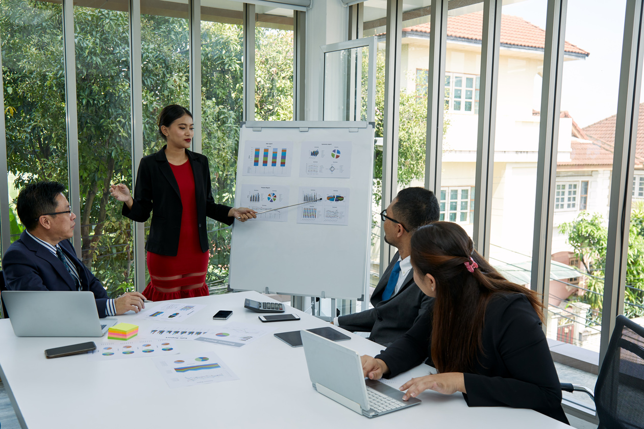 Sale manager present Sale volume report and forecast to Managing director and team during monthly meeting